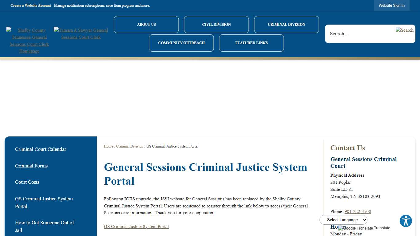 General Sessions Criminal Justice System Portal | Shelby County Courts, TN - Official Website